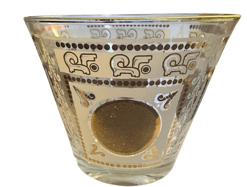 VTG Hazel Atlas Glass Mid Century Gold Gilded Aztec Mayan Ice Bucket Bowl 5 x 6
